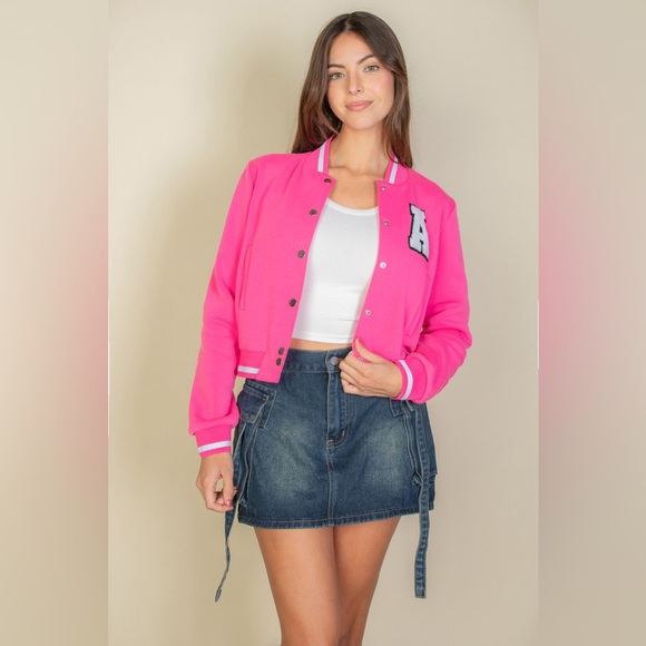 EZwear Letter Patched Crop Varsity Jacket - Picture 2 of 9